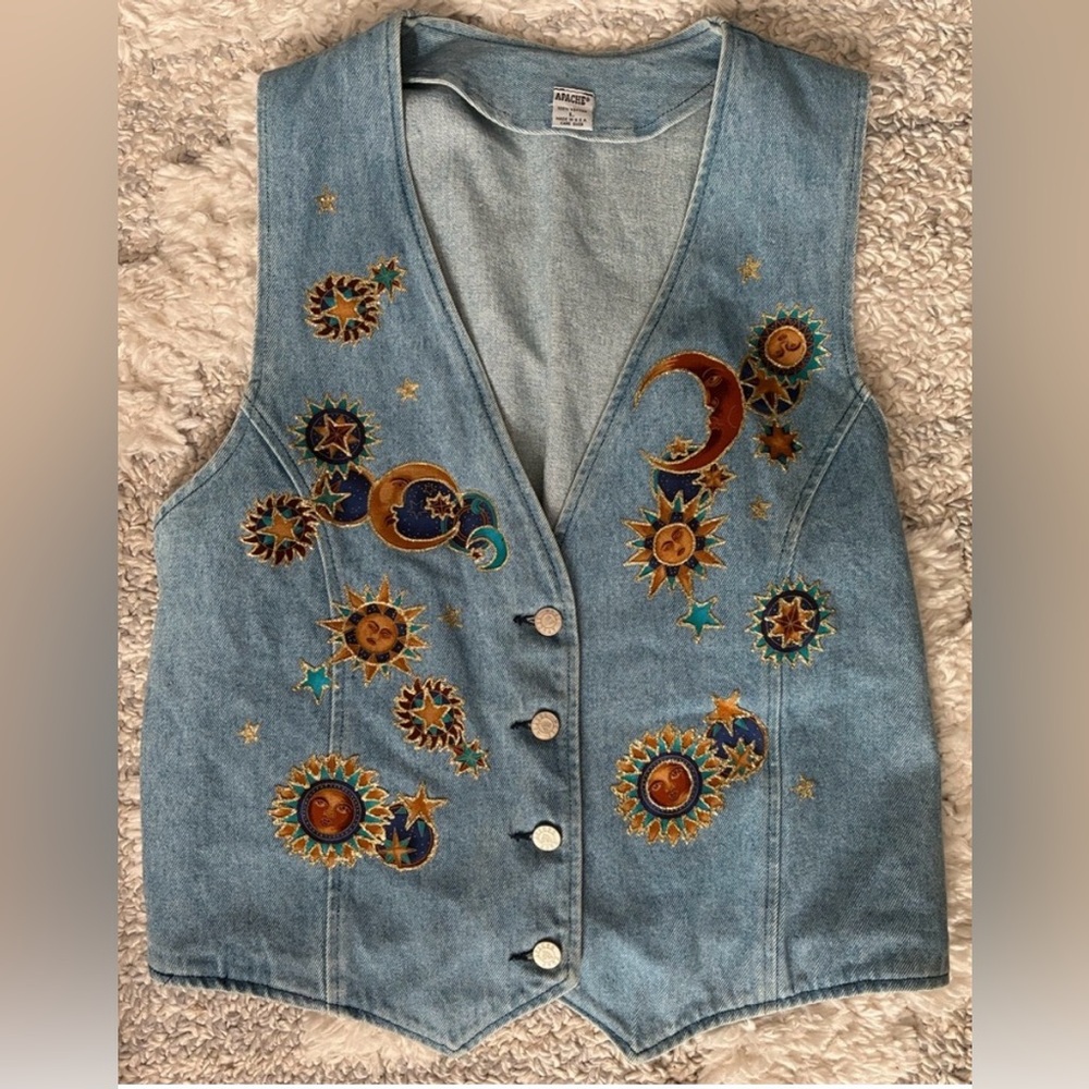 Vintage Apache Size L Western Embroidered Denim Vest with Celestial Design